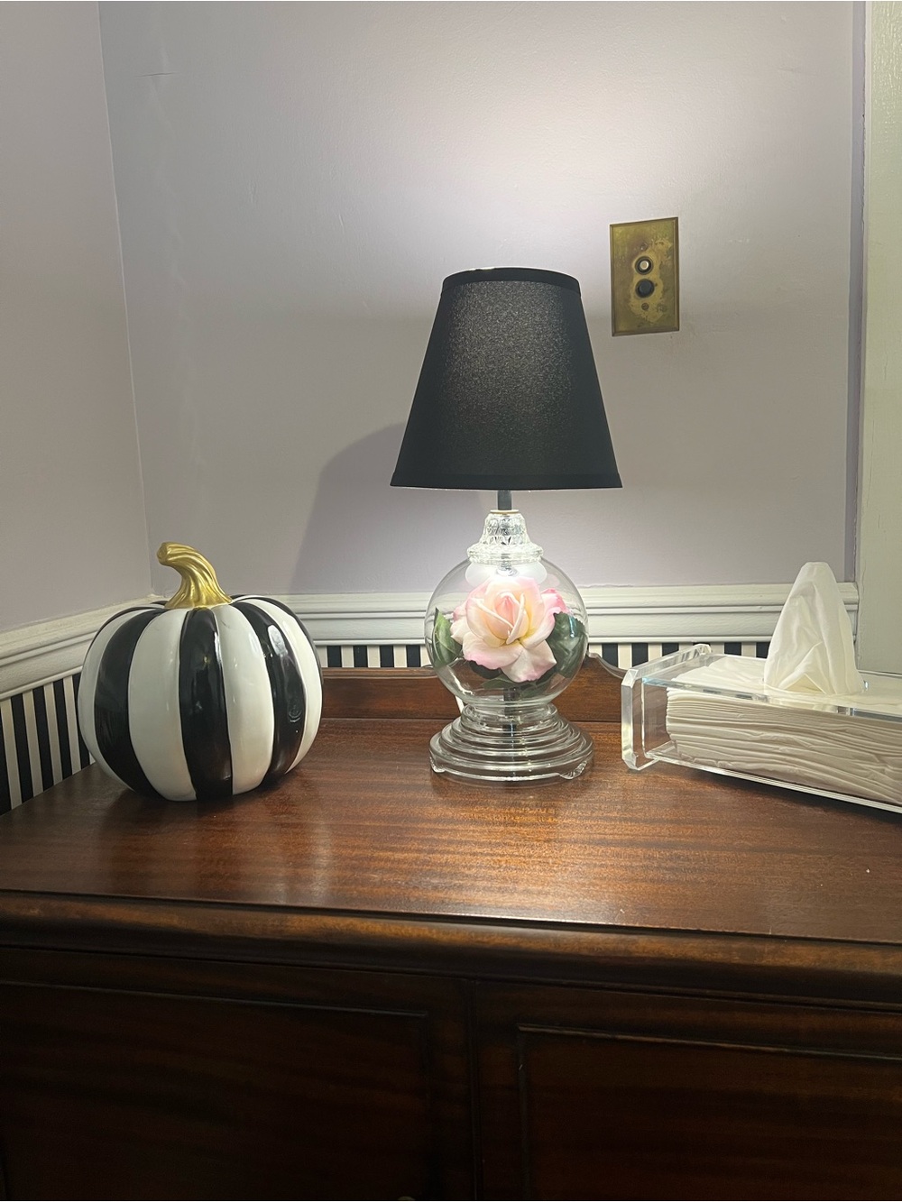 Mid Century Globe Table Lamp with Pink Rose Accent and Black Shade